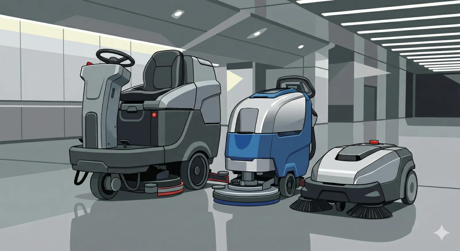 Commercial cleaning robots operating in a modern interior environment.