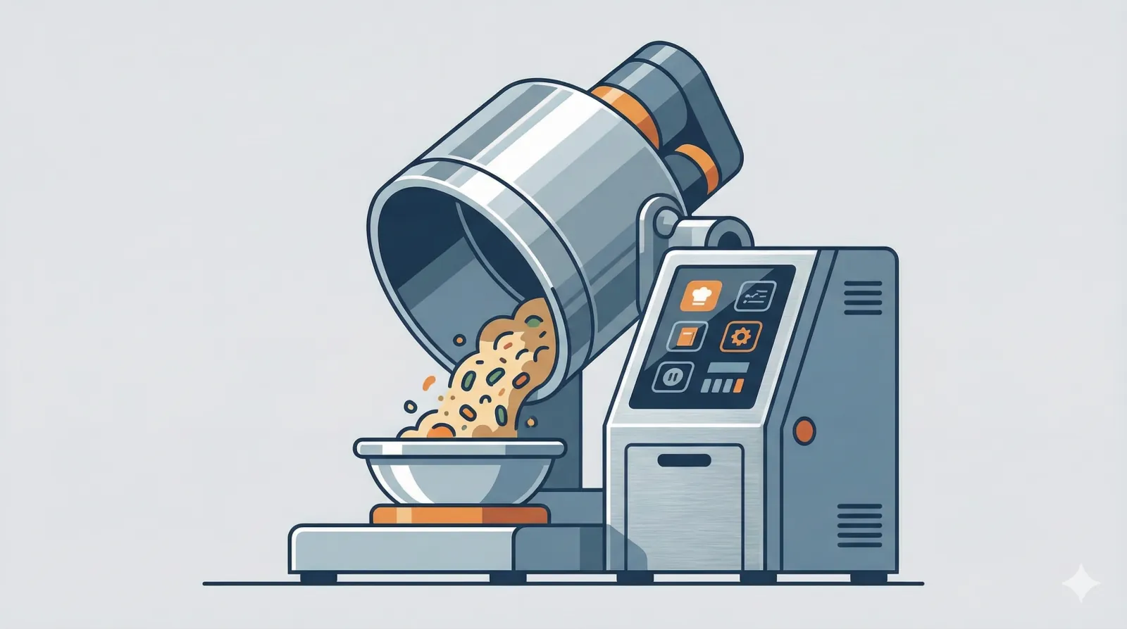 Automated cooking equipment dispensing prepared food into a serving bowl.
