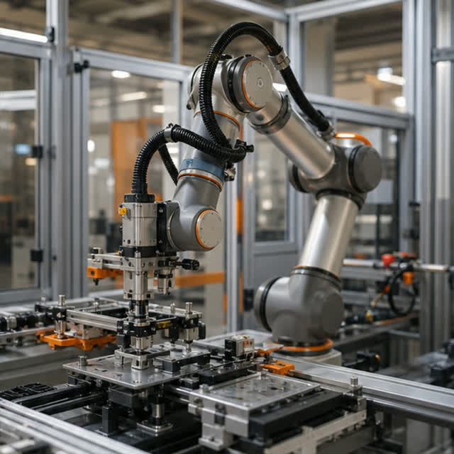 Collaborative industrial robot performing precision assembly in an automated production cell